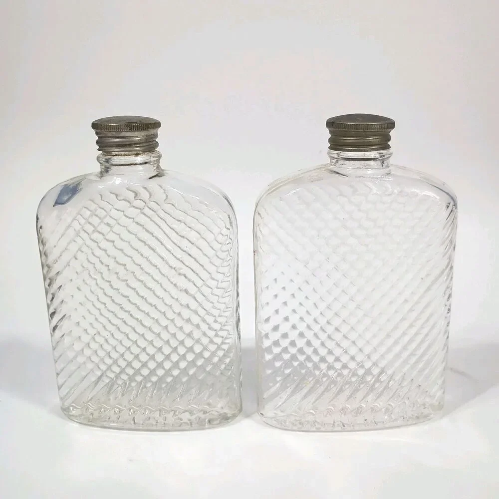 Lot of 2 Antique Universal Art Deco Glass Whisky Hip Flask Bottle 1927 Metal Cap